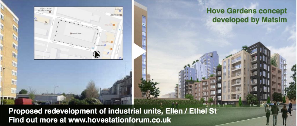 Before and after image of proposed redevelopment of industrial units, Ellen / Ethel St